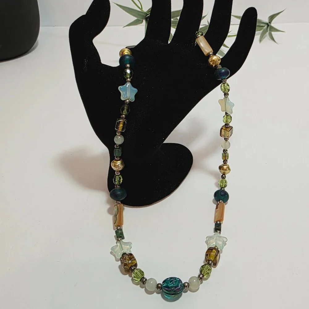 Beaded Necklace – Mixed Glass, Star Beads, Green & Gold Tones
